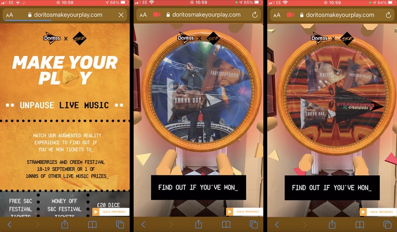 Screenshots from the Doritos x Dice ARexperience